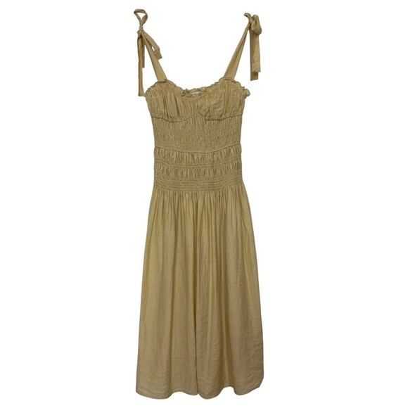 Moon River Yellow Midi Picnic Dress Sundress Adjustable Tie Strap Shirred M - Picture 6 of 14